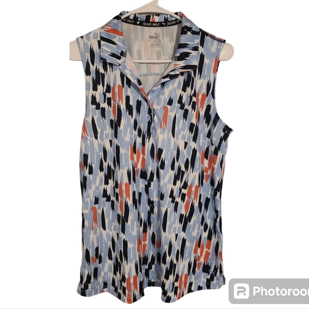 Puma Cloudspun three brush 1/4 button sleeveless‎ golf polo shirt geometric M